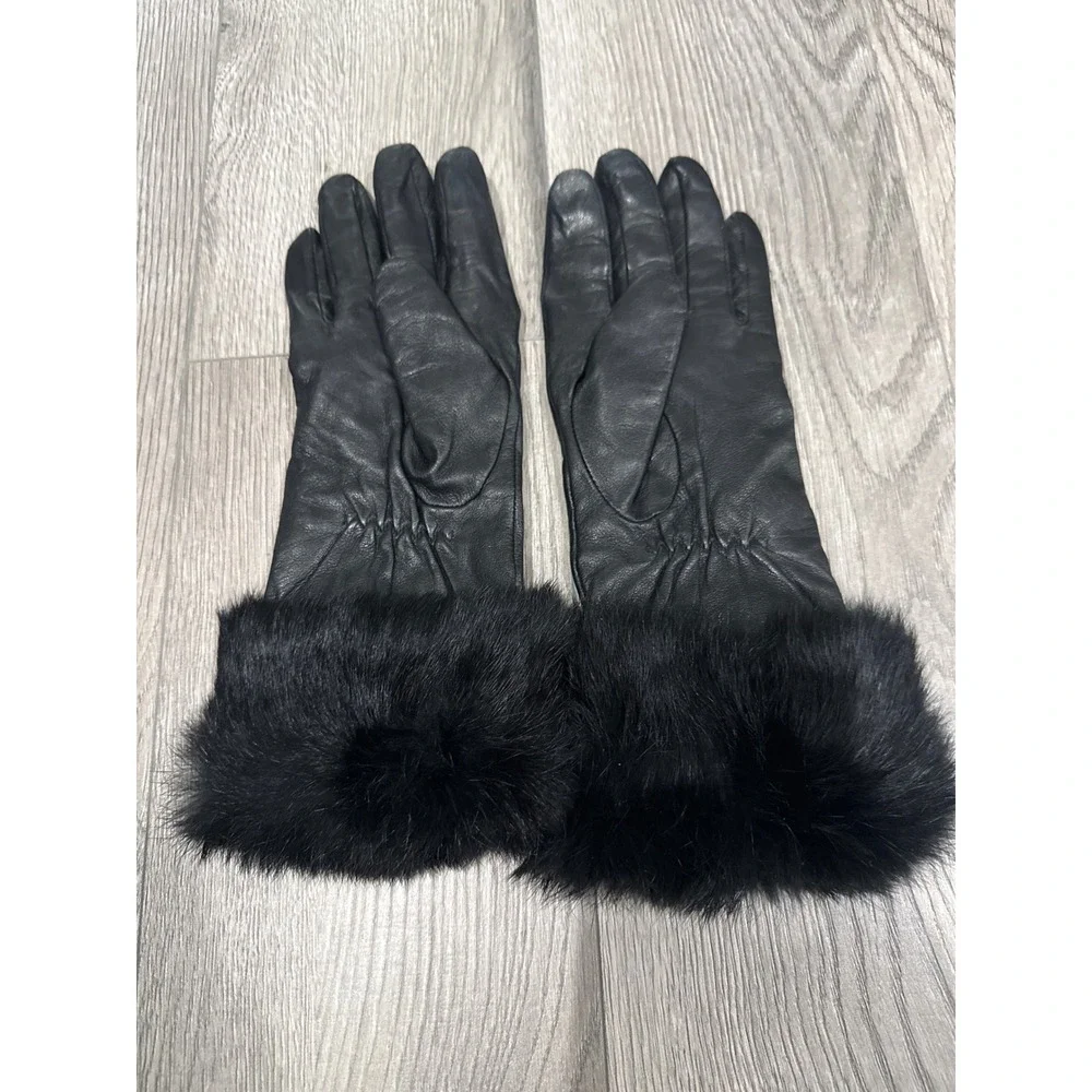 Womens Black Leather Gloves with Faux Fur Trim Knit Lining Size M 7.5 Winter